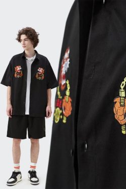 Japanese Tiger Warrior Embroidery Shirts Streetwear Summer Fashion Black Short Sleeve Tee