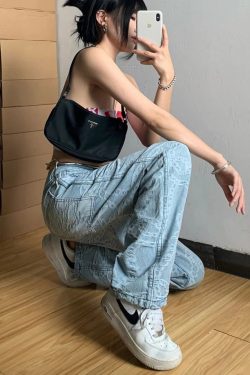 Jeans Women Graphic Pink Casual Pants Straight Wide Leg Trend Trousers Female Cloth Korean Fashion Streetwear