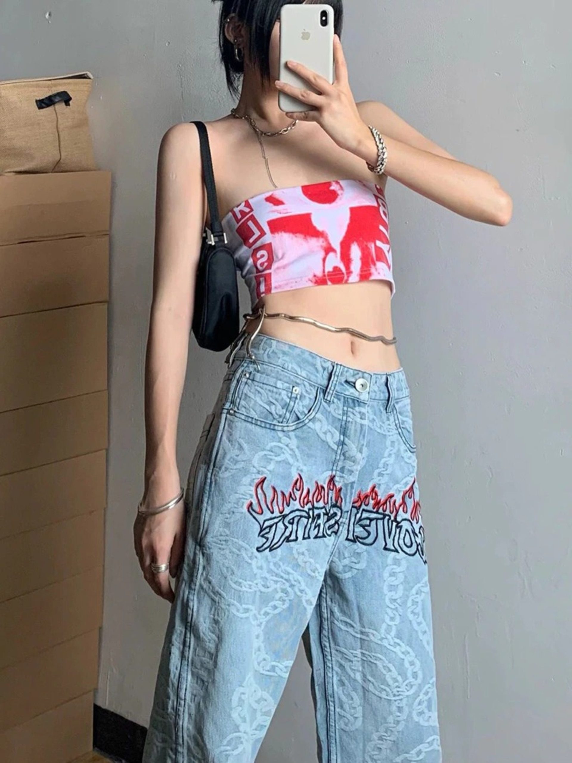 Jeans Women Graphic Pink Casual Pants Straight Wide Leg Trend Trousers Female Cloth Korean Fashion Streetwear