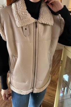 Khaki Thicken Wool Jacket Women Winter Sleeveless Zipper Elegant Leather Coat Autumn Korean Turn Down Collar Outfit