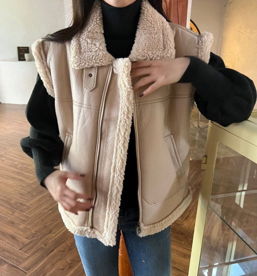 Khaki Thicken Wool Jacket Women Winter Sleeveless Zipper Elegant Leather Coat Autumn Korean Turn Down Collar Outfit