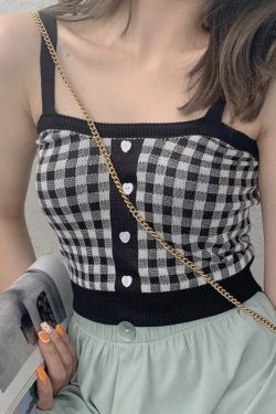 Knit Cropped Fit Plaid Check Checker Pattern Button Tank Top Cami Retro Vintage Trends Cute Aesthetic Fashion Y2k 2000s 90s 80s