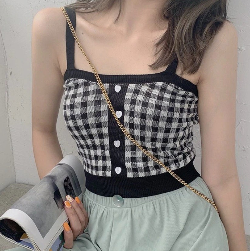 Knit Cropped Fit Plaid Check Checker Pattern Button Tank Top Cami Retro Vintage Trends Cute Aesthetic Fashion Y2k 2000s 90s 80s