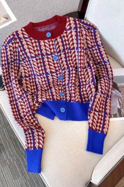 Knitted Sweater Cardigan Women Korean Vintage Contrast Color Knitwear Long Sleeve O Neck Chic Ladies Jumper Top
