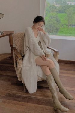 Korean Fashion Beige Cardigan Women Autumn Winter Oversized Long Cardigan Long Sweater Female Pocket Streetwear Clothing