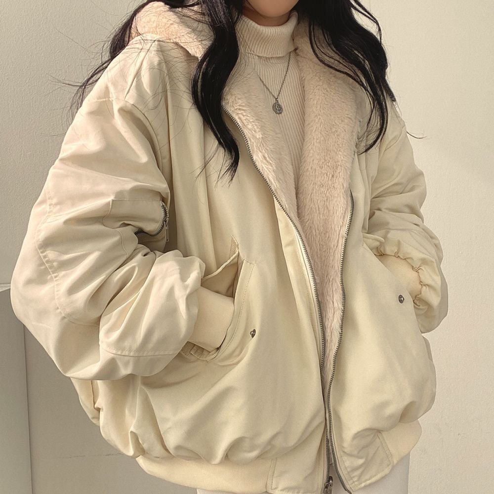 Korean Fashion Cute Fleece Girl Velvet Lambswool Reversible Jacket Women Harajuku Oversized Solid Basic Winter Zip Up Hoodie Beige Coat