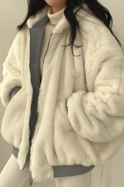 Korean Fashion Cute Fleece Girl Velvet Lambswool Reversible Jacket Women Harajuku Oversized Solid Basic Winter Zip Up Hoodie Beige Coat