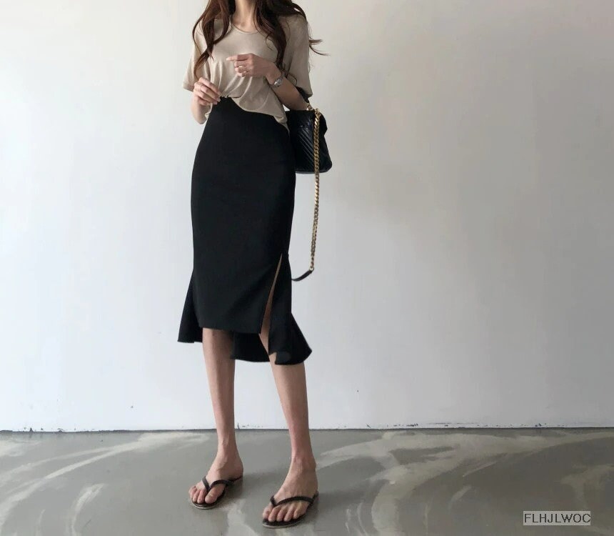 Korean Fashion Slit Pencil Skirt Dark Academia Collection High Waisted Office Y2k Skirt