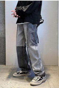 Korean Style Fashion Men's Denim Wide Leg Pants New Autumn Loose Straight Leg Jeans Paneled Denim Trousers Male