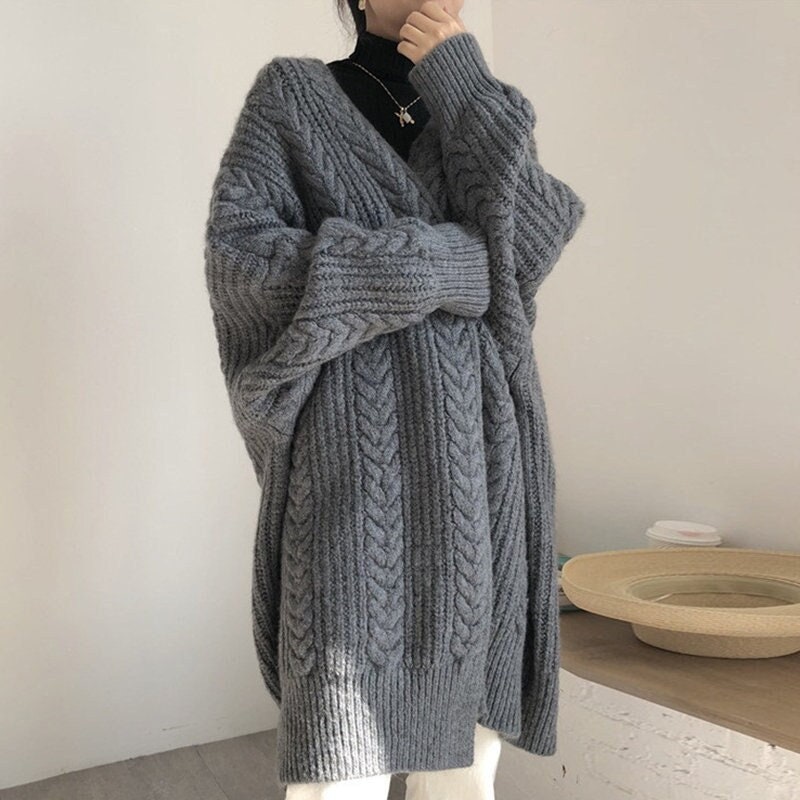 Korean Twist Knitted Oversized Cardigan Woman Fall Gray Long Sleeve Thick Warm Knit Cardigan Long Woman Korean Winter Sweater