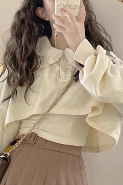 Lace Japanese Kawaii Sweet Women's Blouses Long Sleeve Korean Fashion Cute Blouses Loose Casual Designer Clothing Autumn