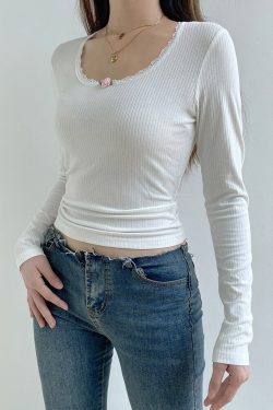 Lace White Long Sleeve Knit Grunge Crop Top Y2k Clothing