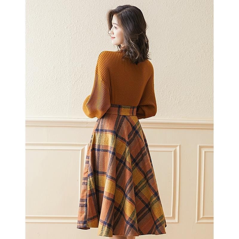 Ladies Winter Elegant Sweater High Waist Skirt Suit Two Pieces Set Of Clothing Female Long Sleeved Top And Casual High Waist Skirt Attire