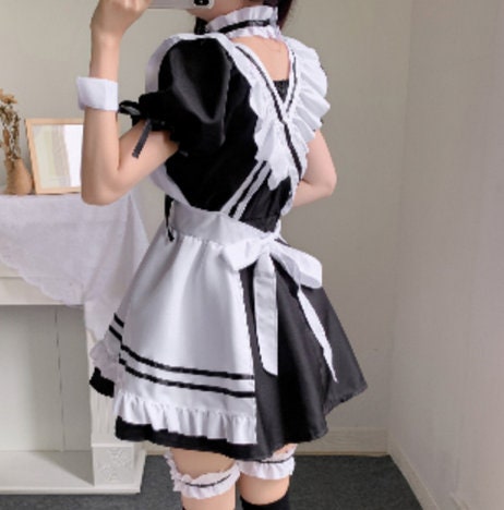 Large Size Halloween Skirt French Maid Dress Black Costume Dress With Choker And Headgear Party Dress Cosplay Costume Dress