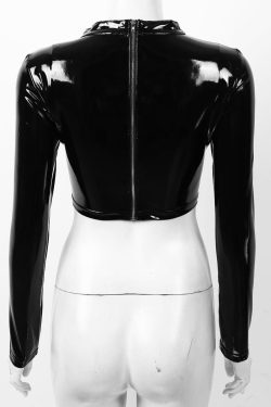 Latex Faux Leather Hollow Out Crop Top With Buckles In Black