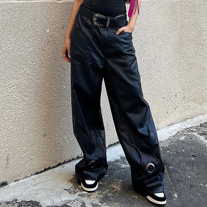 Leather Wide Leg Pants Y2k Alt Clothing & Mid Waisted Ankle Length Pants