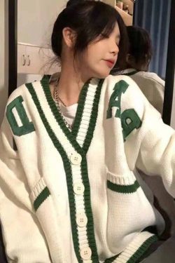 Letter Cardigan Minimalistic Knitted Cardigan Retro Cardigan White Vintage Casual Sweater Korean Style Sweater