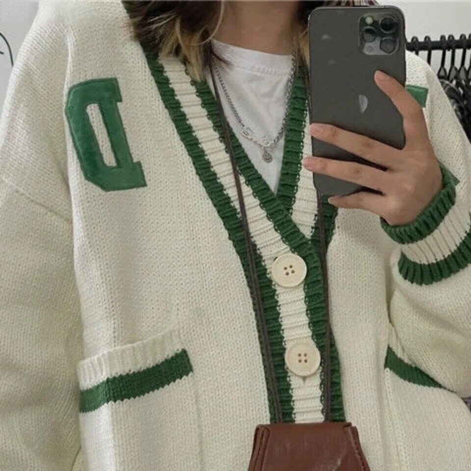 Letter Cardigan Minimalistic Knitted Cardigan Retro Cardigan White Vintage Casual Sweater Korean Style Sweater