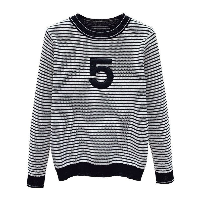 Letter Striped Knitted Sweater Top Autumn Korean Vintage Elegant Ladies Pullover Jumper Long Sleeve O Neck Chic Knitwear