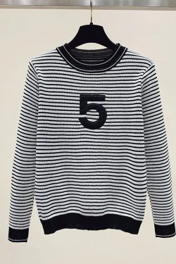 Letter Striped Knitted Sweater Top Autumn Korean Vintage Elegant Ladies Pullover Jumper Long Sleeve O Neck Chic Knitwear