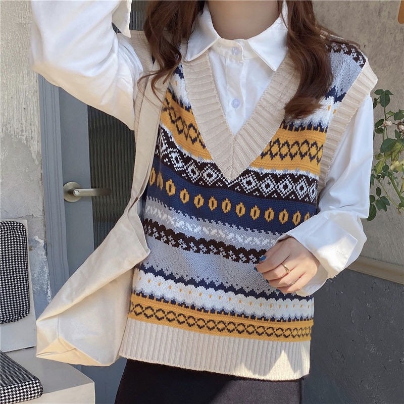 Light Academia Clothing Ethnic Knitted Vintage V Neck Argyle Sweater Vest For Woman Fairy Grunge Retro Casual Vest