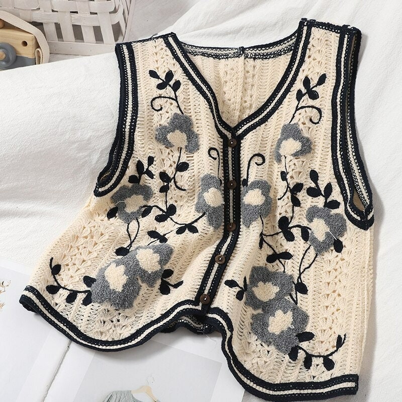 Light Academia Clothing Retro Single Breasted V Neck Floral Sweater Vest For Woman Cottagecore Clothing Chunky Knit Sweater Vest