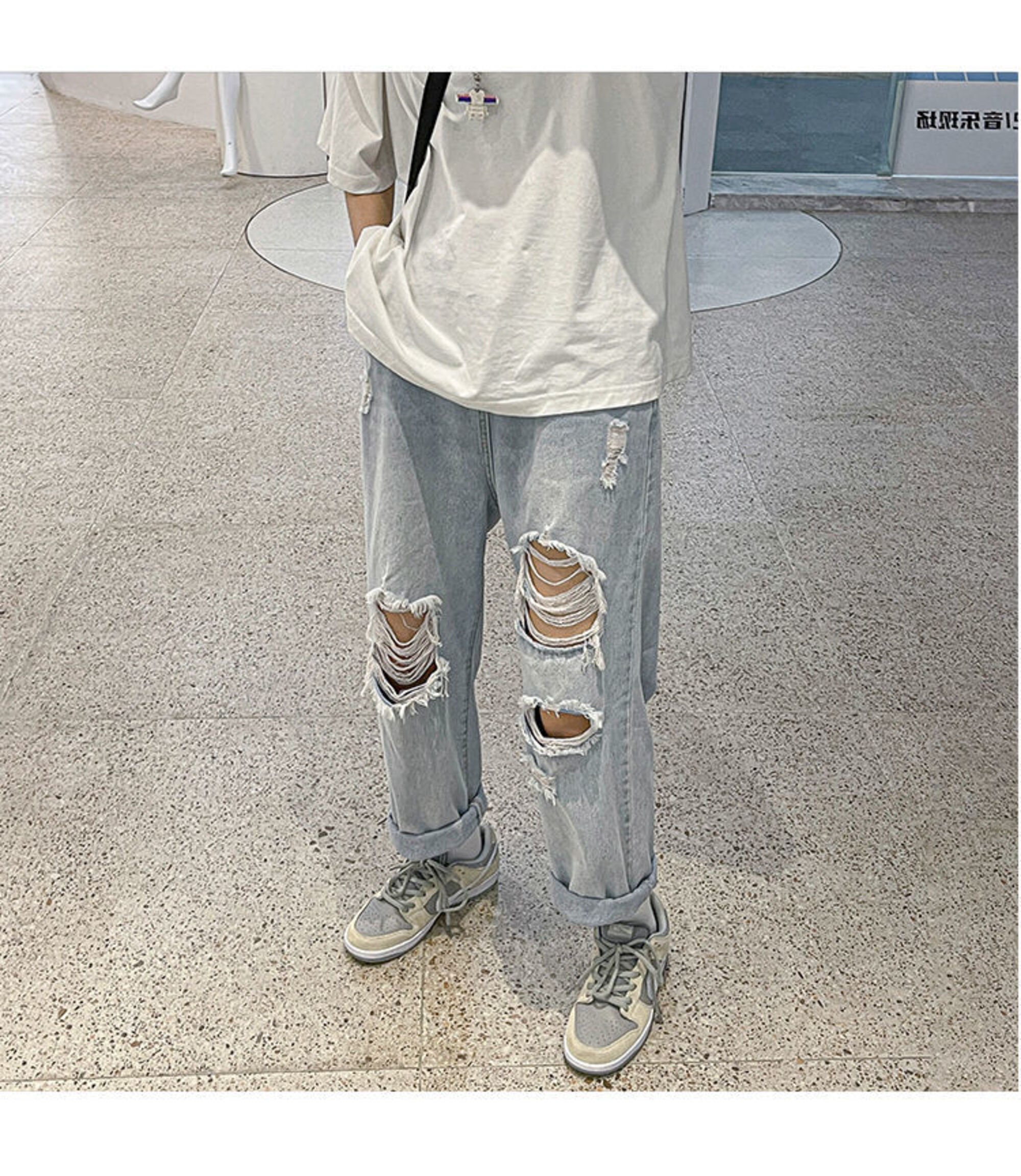 Light Blue Hole Jeans For Men Summer Fashion Casual Trousers Thin Loose Pants Bottoms Vintage Male Cloting Streetwear Plus Size