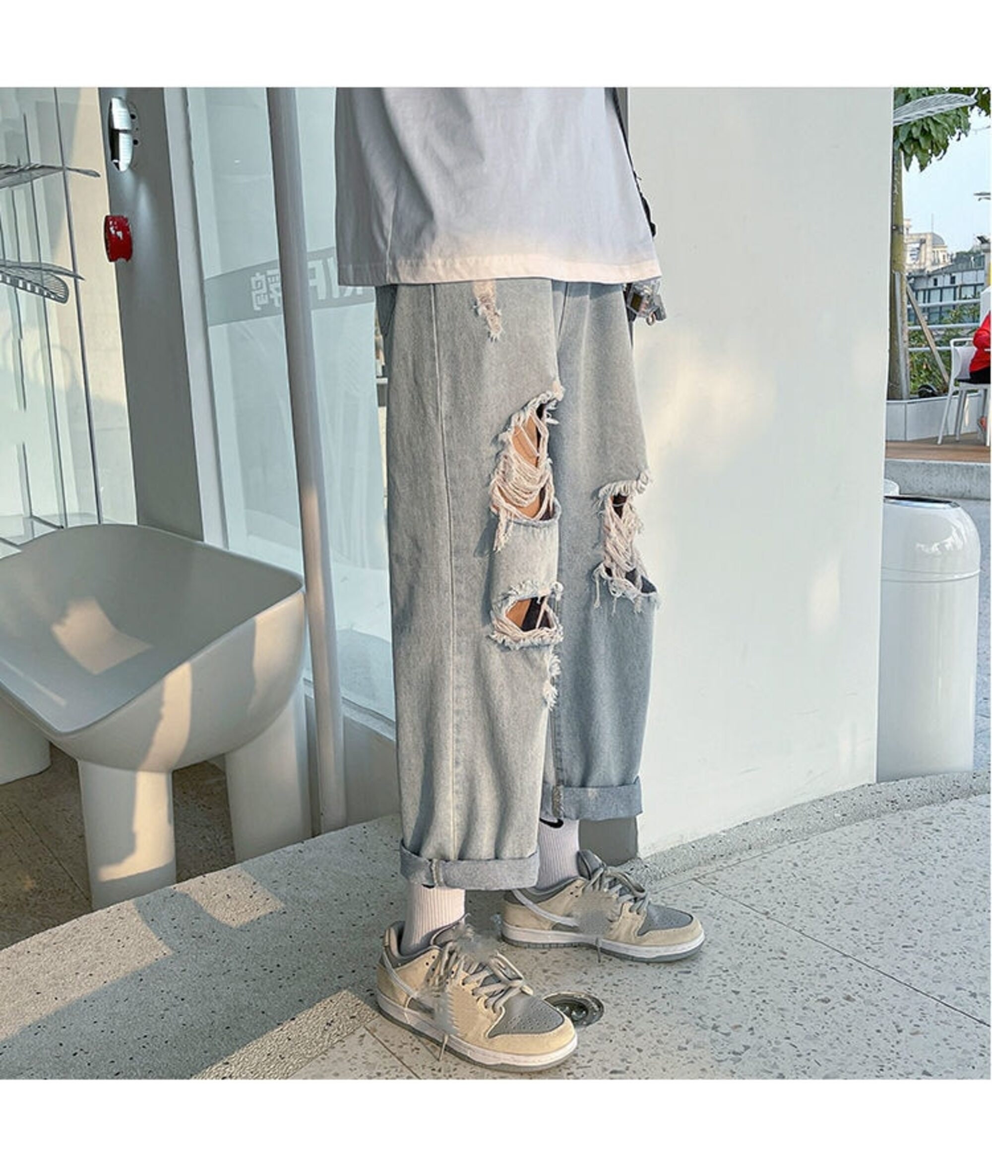 Light Blue Hole Jeans For Men Summer Fashion Casual Trousers Thin Loose Pants Bottoms Vintage Male Cloting Streetwear Plus Size