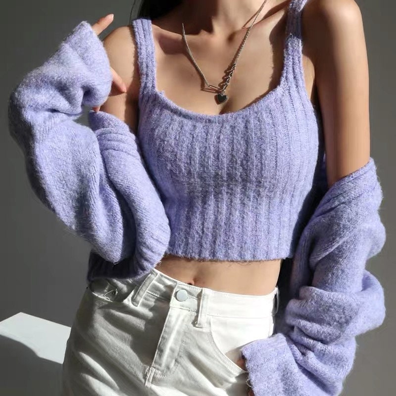 Lilac Purple Soft Knit Cardigan Set Y2k Clothing Korean Fashion Cottagecore Milkmaid 70s 80s 90s Vintage Crop Cardigan