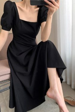Linen Midi Dress Square Neck Dress Puffed Sleeve Dress Calf Length Dress Vintage Linen Dress Maxi Dress