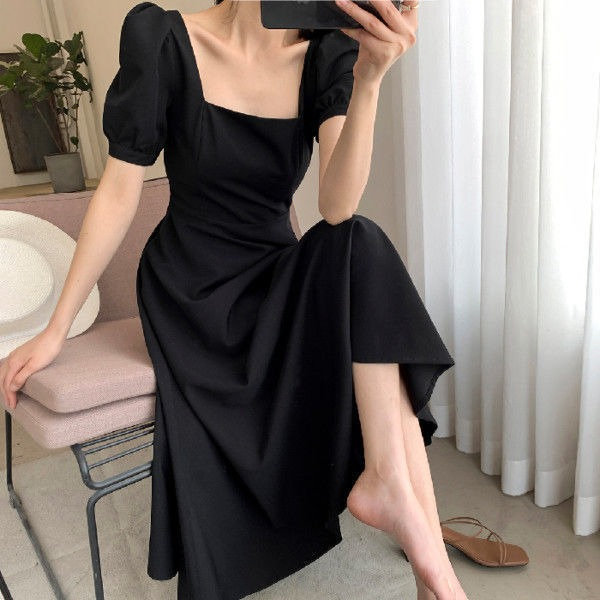 Linen Midi Dress Square Neck Dress Puffed Sleeve Dress Calf Length Dress Vintage Linen Dress Maxi Dress