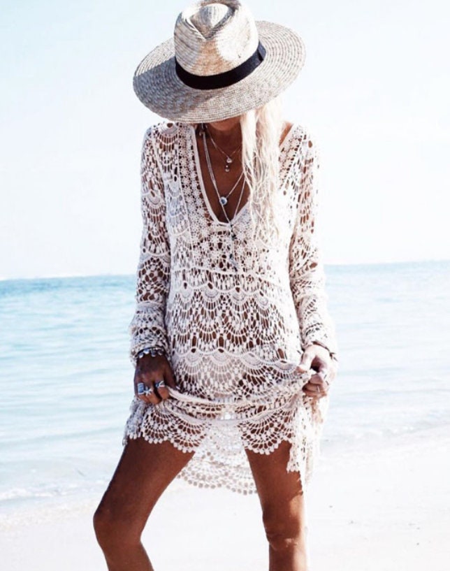 Long Cover Up Cutout Crochet Cover Up Seaside Vacation Beach Cover Up Swimsuit Cover Up Long Sleeve Sun Protection Skirt Pullover