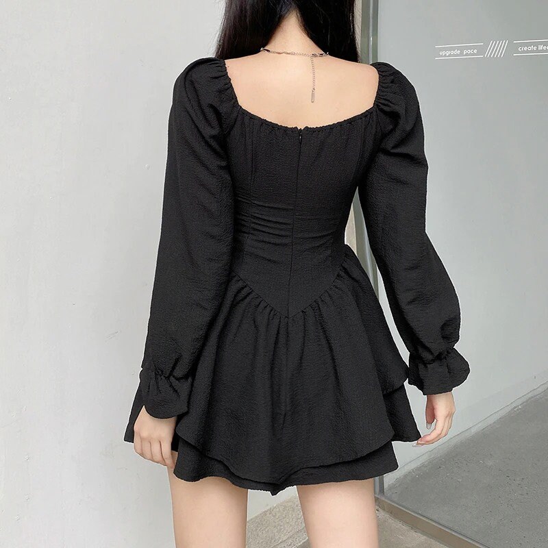 Long Puff Sleeve Black Dress Pleated Sexy Party Dress Mini Double Layer Ruched Clothes Y2k Vintage Dress Aesthetic Dress