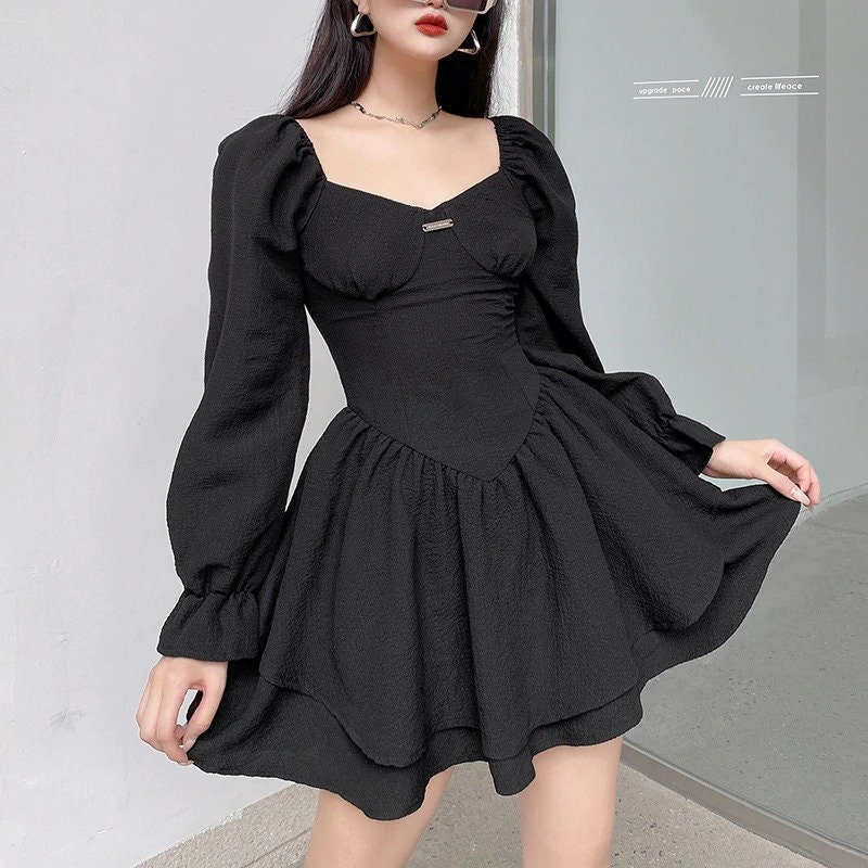 Long Puff Sleeve Black Dress Pleated Sexy Party Dress Mini Double Layer Ruched Clothes Y2k Vintage Dress Aesthetic Dress