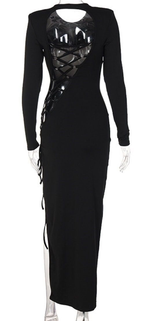 Long Sleeve Dress With Beveled Hem And Slit Tie Sexy Dress Party Dress Backless Dress Slit Dress Black Dress