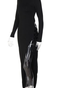 Long Sleeve Dress With Beveled Hem And Slit Tie Sexy Dress Party Dress Backless Dress Slit Dress Black Dress