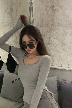 Long Sleeve T Shirts Women Fungus Line Irregular Hem Knitted Slender Autumn Bottoming Tees Chic Fashion Sexy Solid New