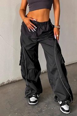 Loose Cargo Pants Women Workout Overalls Sporty Casual Side Stripe Drawstring Middle Waist Trousers Woven Jogging Pant