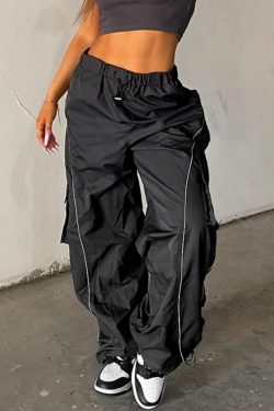 Loose Cargo Pants Women Workout Overalls Sporty Casual Side Stripe Drawstring Middle Waist Trousers Woven Jogging Pant