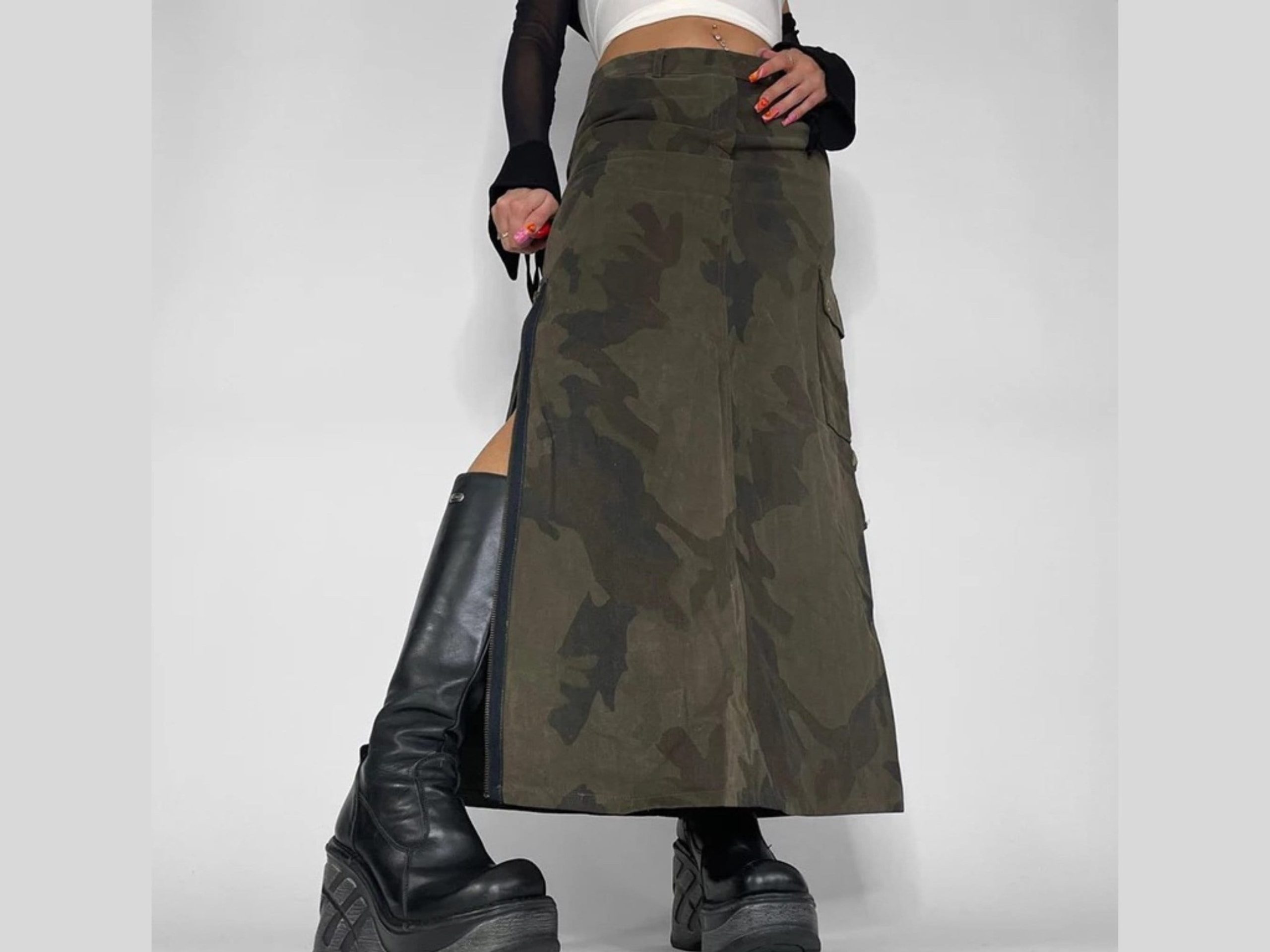 Low Rise Camouflage Cargo Skirt Long Skirt With Zip Up Splits Cargo Skirt Retro Skirt Y2k Midi Skirt 90s Grunge Fashion Vintage Skirts