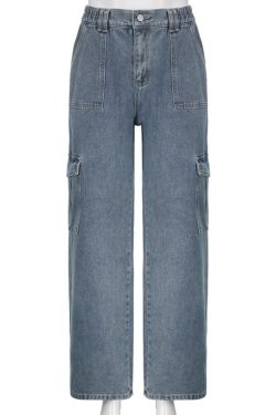 Low Rise Jeans Flanged Pockets Spliced Loose Straight Dungarees Y2k Pants Multi Pocket Pants