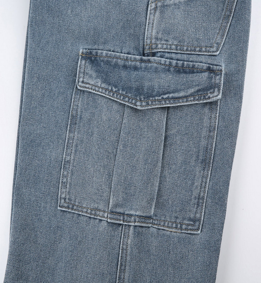 Low Rise Jeans Flanged Pockets Spliced Loose Straight Dungarees Y2k Pants Multi Pocket Pants