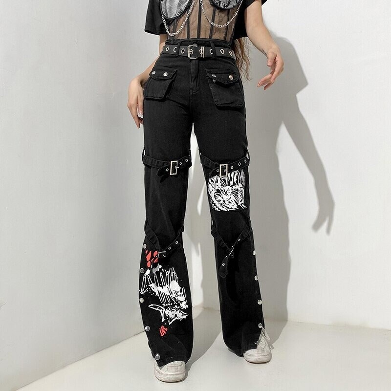 Low Waisted Denim Cargo Pants Streetwear Vintage Harajuku Gothic Grunge