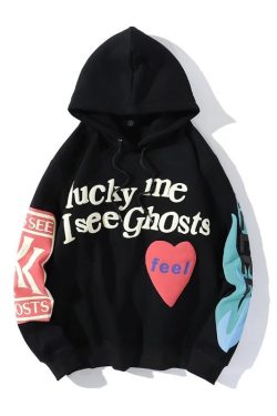 Lucky Me Sweatshirt I See Ghosts Hoodie Hip Hop Streetwear Lucky Me I See Ghosts Hoodie Unisex Graffiti Letter Oversized Sweatshirts