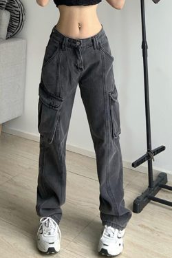 Lucyever Vintage 90s Streetwear Cargo Pants Women All Match Pockets Baggy Wide Leg Jeans Woman High Waist Straight Denim Trouser