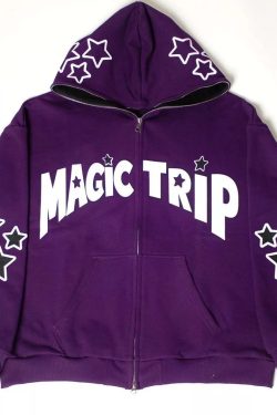 Magic Trip Zip Up Hoodie Y2k Star Harajuku Grunge Streetwear Full Zip Up Hoodie Purple Star Sweatshirt Vintage Fashion Star Jacket