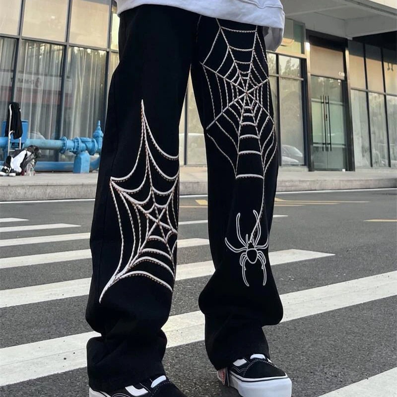 Men's Jeans Spider High End Korean Style Loose Straight Wide Leg Pants Printing High Street Long Pants Men Streetwear