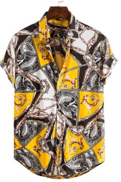 Men's Short Sleeve Luxury Shirt (Black & Yellow Davinci)