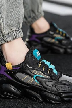 Men's Streetwear Color Block Tie Sneakers Harajuku Urban Fashion Casual Breathable Black Clunky Shoes