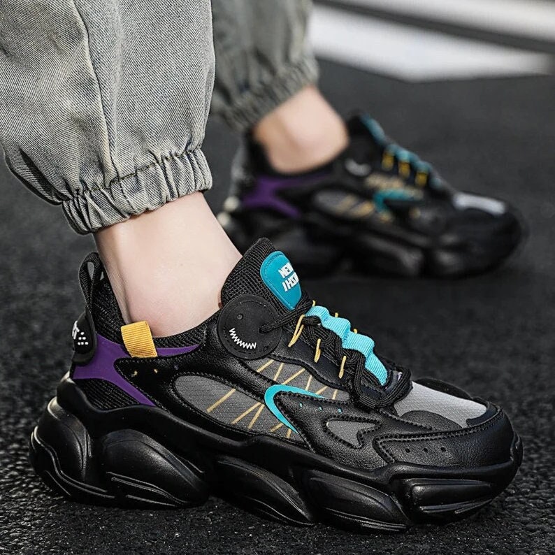 Men's Streetwear Color Block Tie Sneakers Harajuku Urban Fashion Casual Breathable Black Clunky Shoes